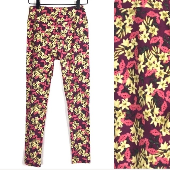 LULAROE Leggings OS One Size Floral Flowers Purple Pink Green Yellow Retro Mod - Picture 9 of 9
